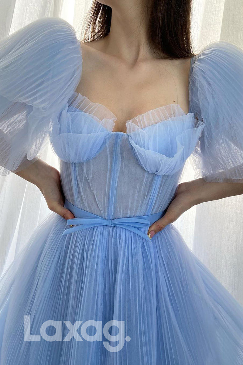 15799 - Light Blue Tulle Short Sleeves A-line Formal Dress with Pockets
