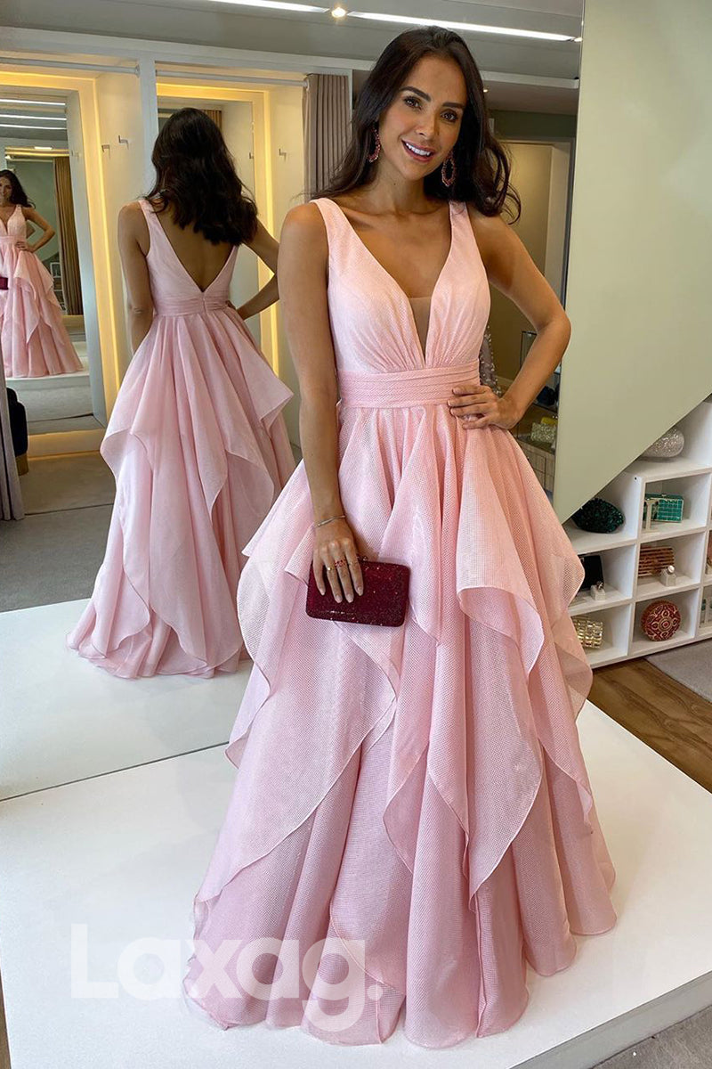 16714 - Plunging V-neck Pink Dress Formal Gown