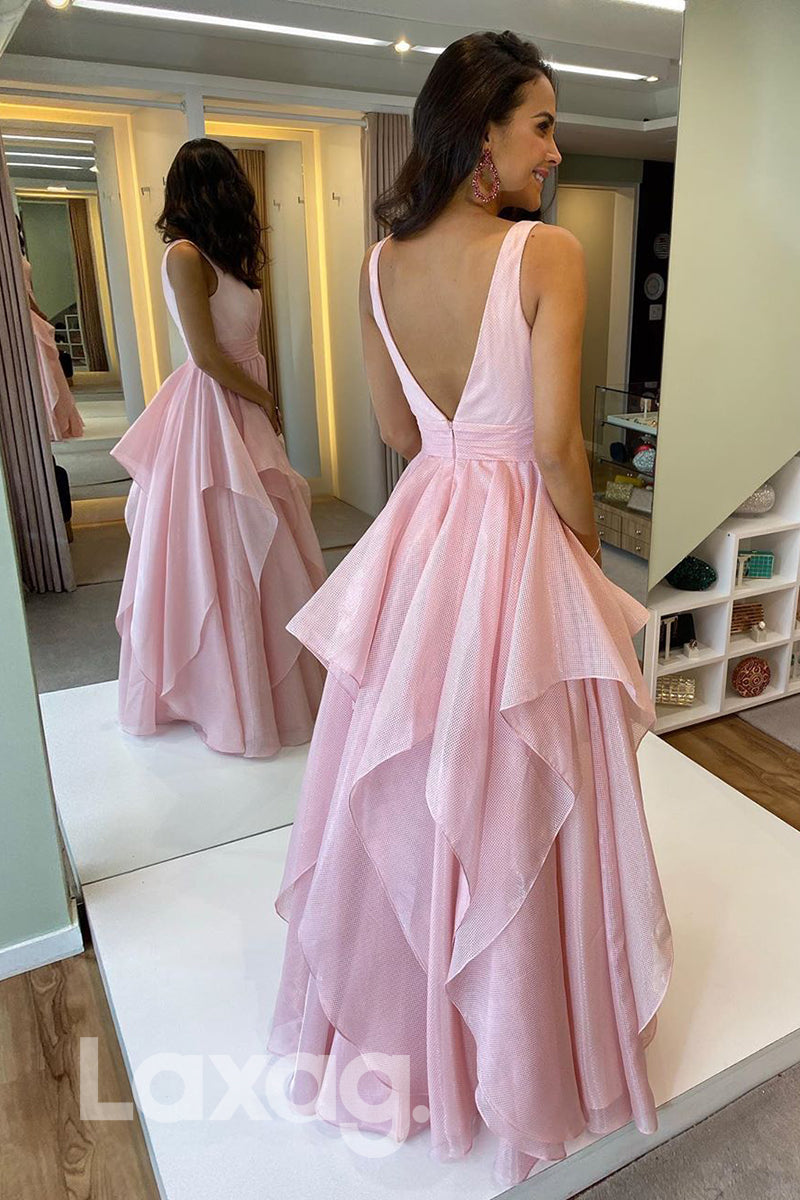 16714 - Plunging V-neck Pink Dress Formal Gown