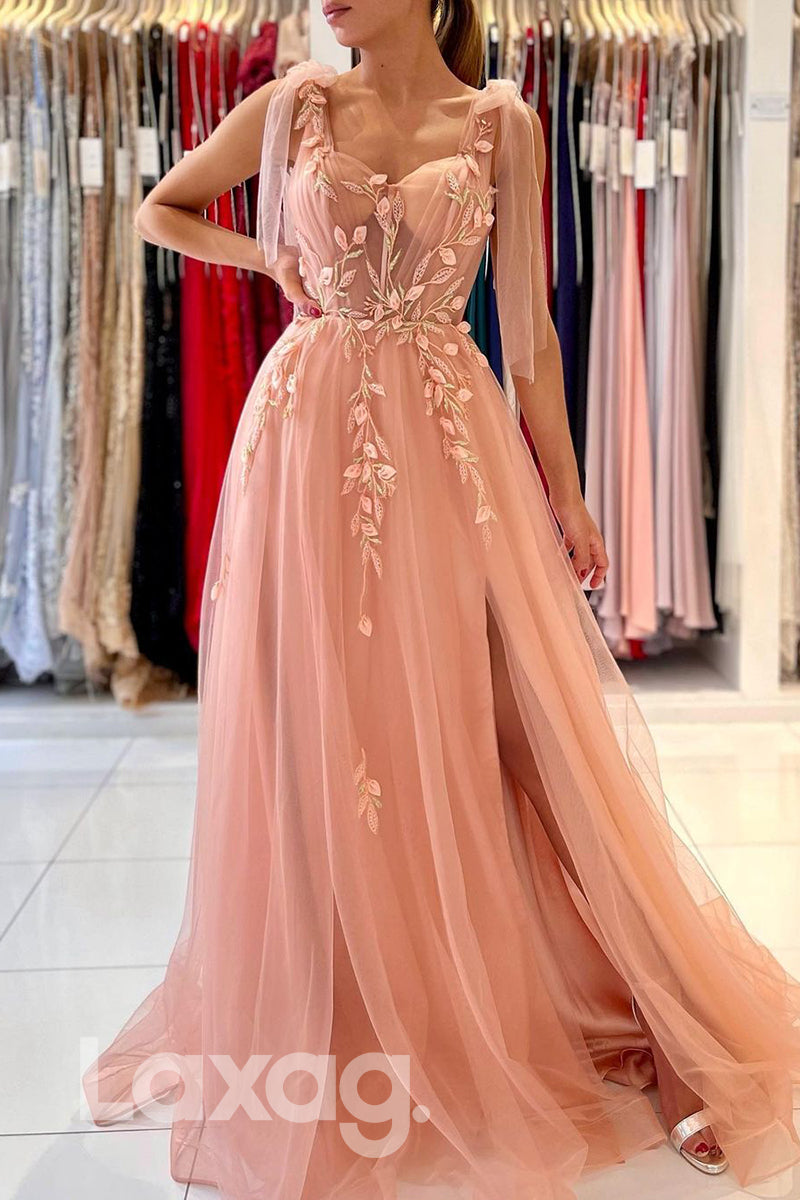 18721 - Women's Spaghetti Straps Applique Long Formal Prom Dress with Slit