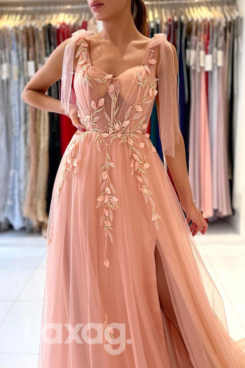 18721 - Women's Spaghetti Straps Applique Long Formal Prom Dress with Slit