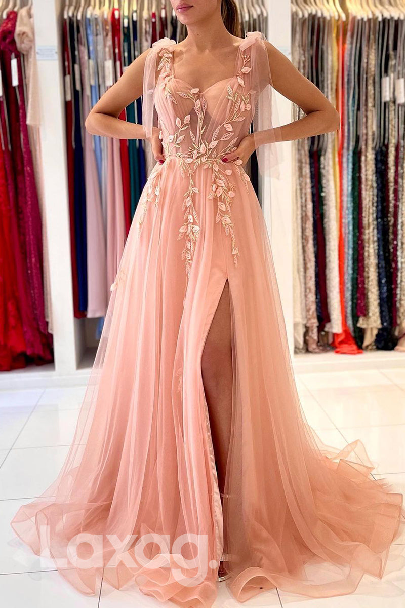 18721 - Women's Spaghetti Straps Applique Long Formal Prom Dress with Slit