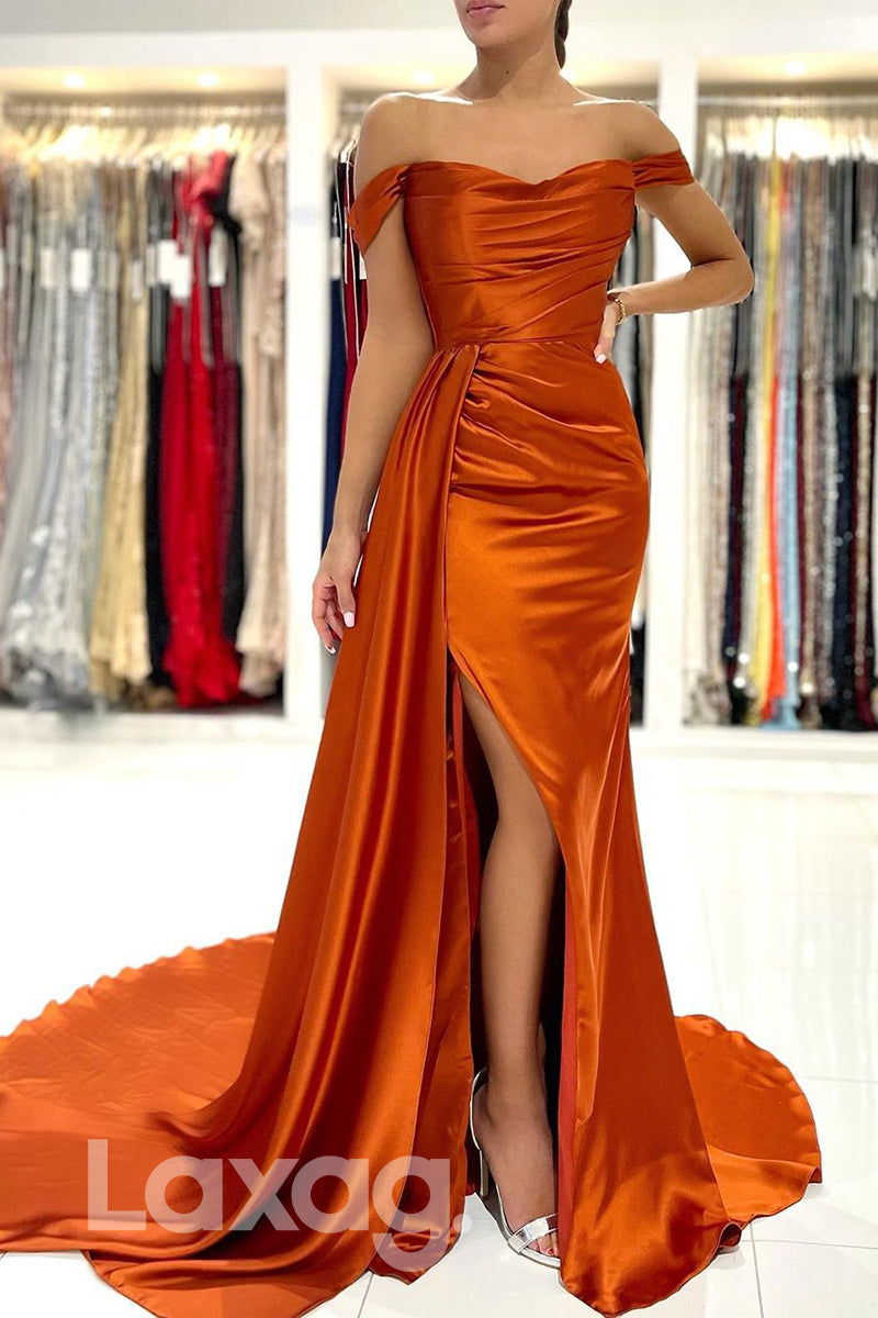 18722 - Off Shoulder Satin Pleats High Split Mermaid Formal Evening Dress