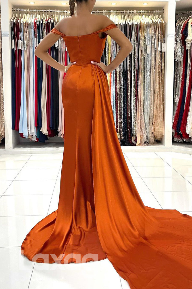 18722 - Off Shoulder Satin Pleats High Split Mermaid Formal Evening Dress