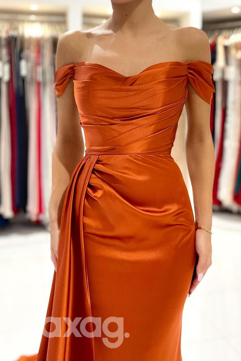 18722 - Off Shoulder Satin Pleats High Split Mermaid Formal Evening Dress