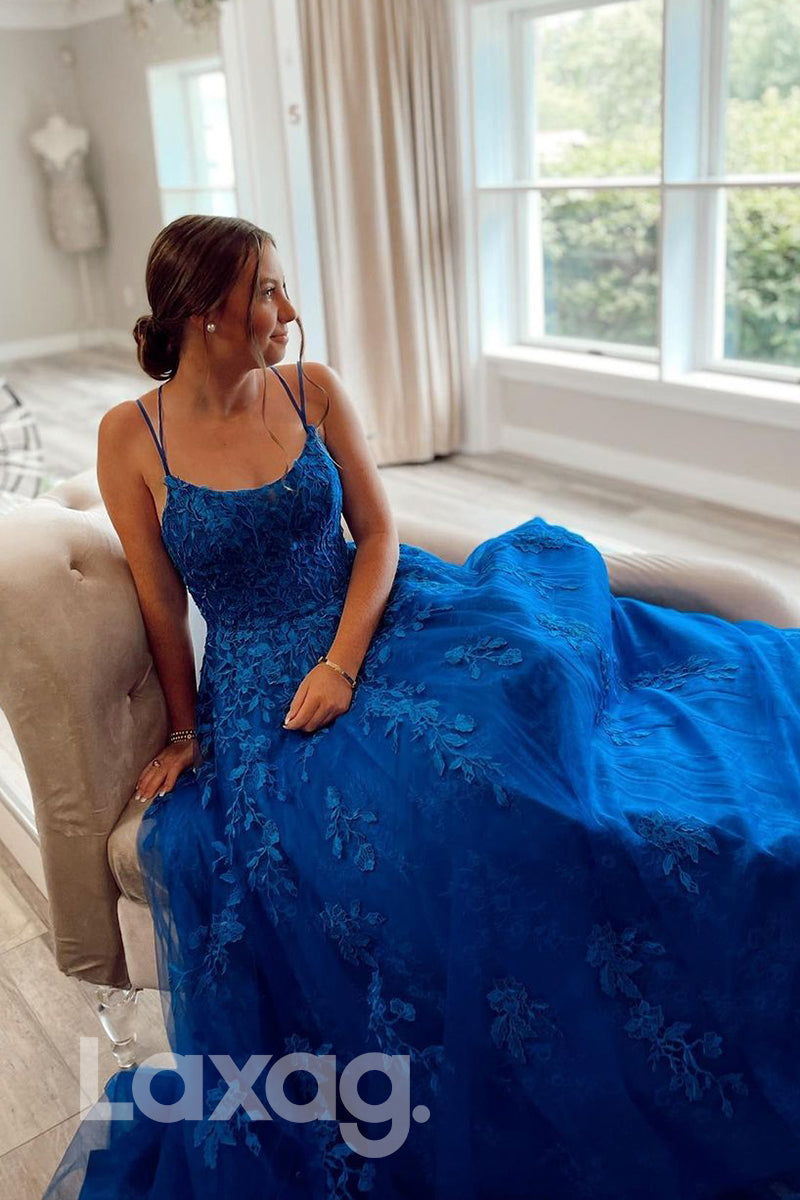 18727 - Women's Scoop Lace Applique Long Prom Dress Formal Evening Gowns
