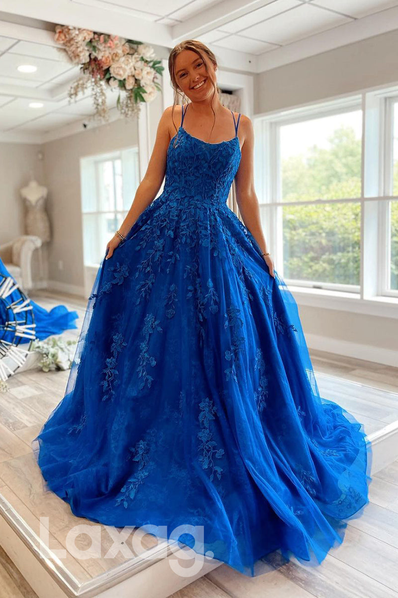 18727 - Women's Scoop Lace Applique Long Prom Dress Formal Evening Gowns