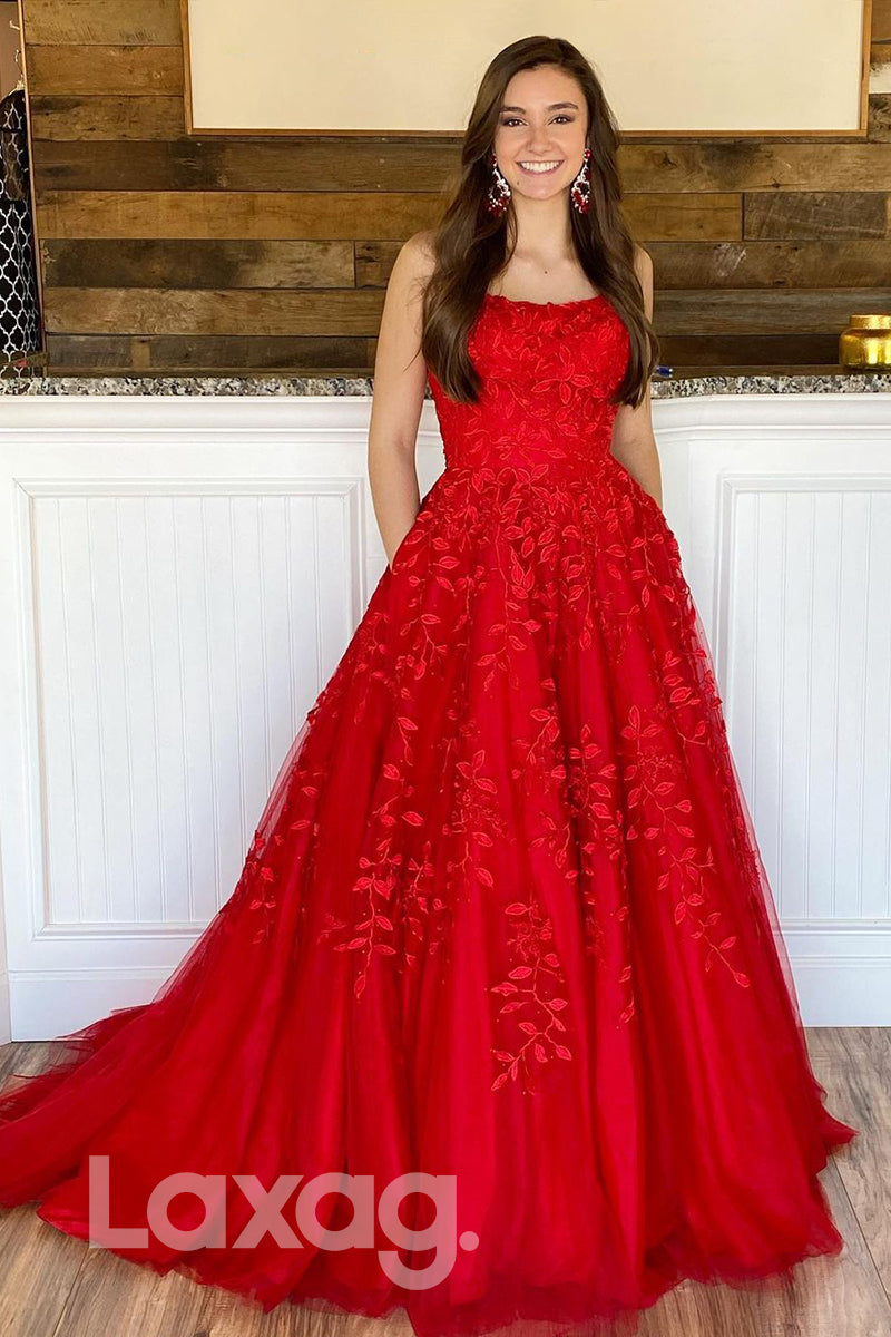18727 - Women's Scoop Lace Applique Long Prom Dress Formal Evening Gowns