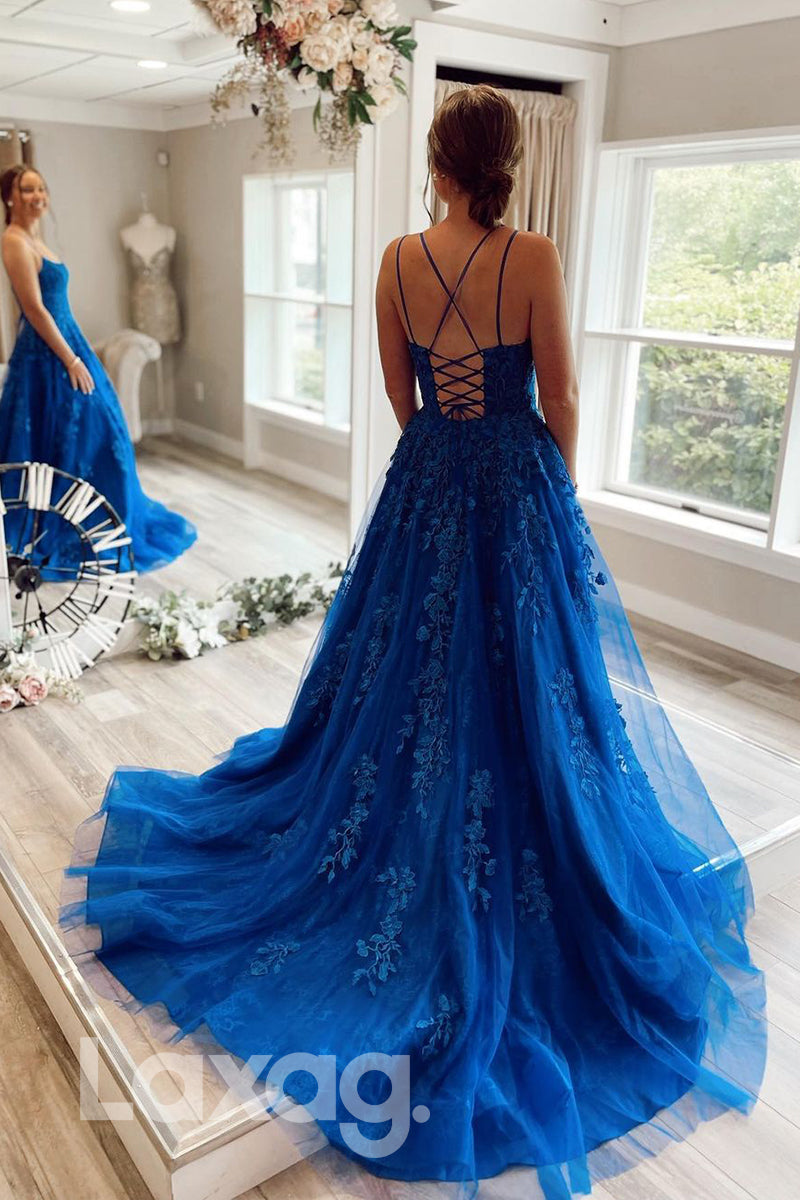 18727 - Women's Scoop Lace Applique Long Prom Dress Formal Evening Gowns