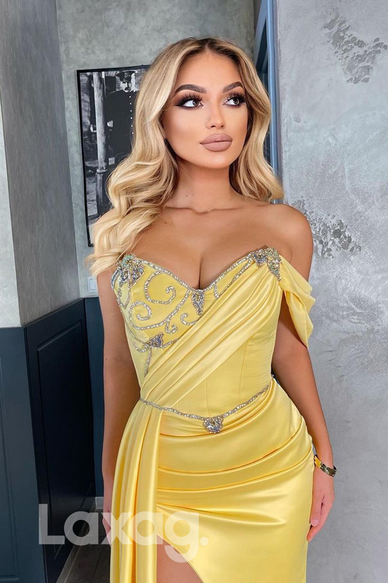 18731 - Off Shoulder Beads High Split Mermaid Formal Evening Dress