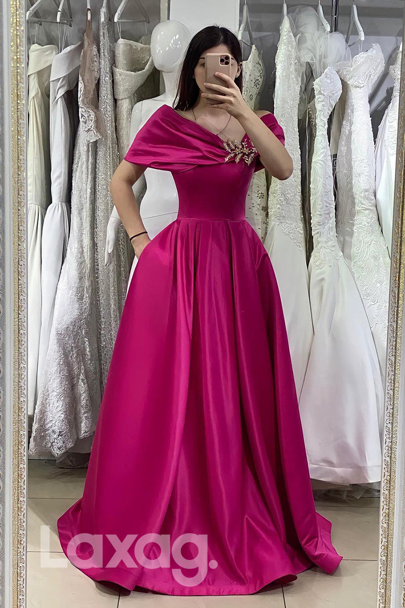 18739 - Unique Off Shoulder Satin Long Formal Evening Dress with Pockets