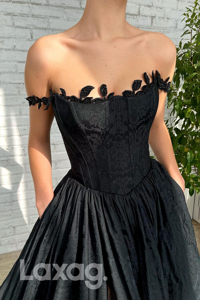 18740 - Off Shoulder Black Lace Prom Formal Evening Dress with Pockets