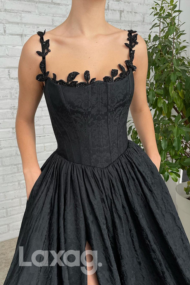 18740 - Off Shoulder Black Lace Prom Formal Evening Dress with Pockets