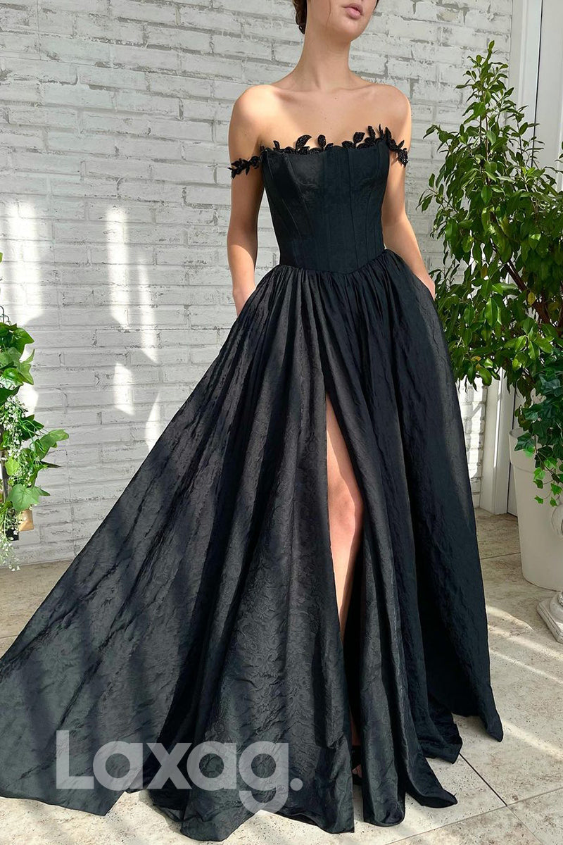 18740 - Off Shoulder Black Lace Prom Formal Evening Dress with Pockets