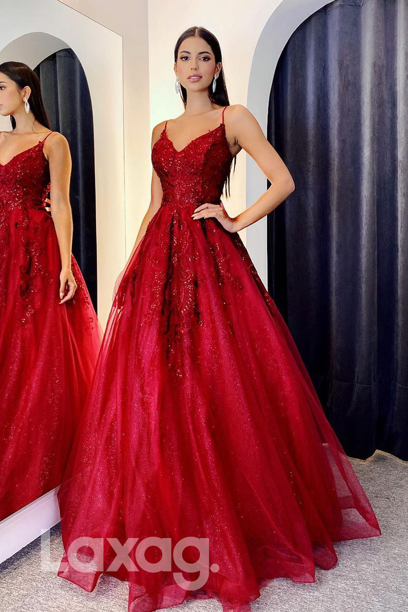 18753 - Spaghetti Straps Lace Applique Red Formal Evening Dress