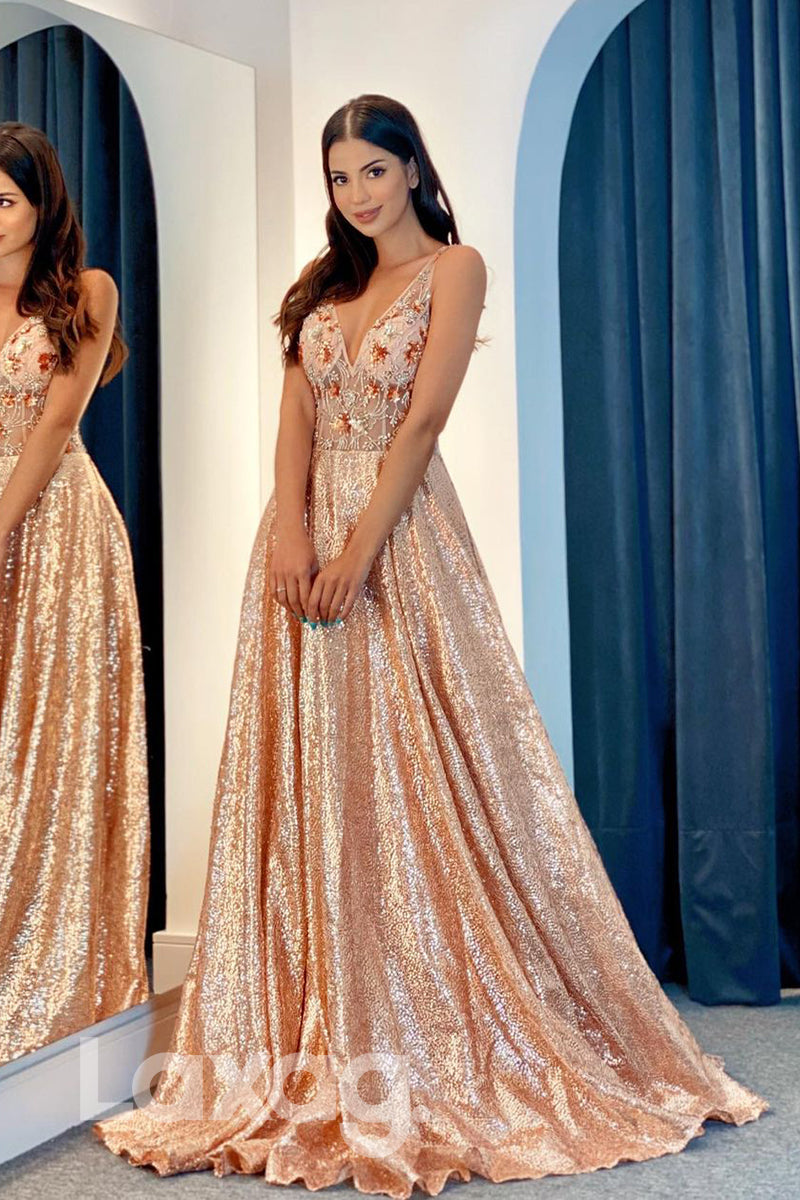 18754 - Attractive V-Neck Applique Long Formal Evening Dress Glitter