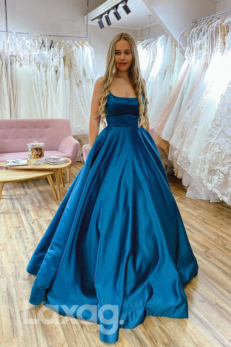 18786 - Women's Scoop Blue Satin Long Simple Prom Dresses with Pockets