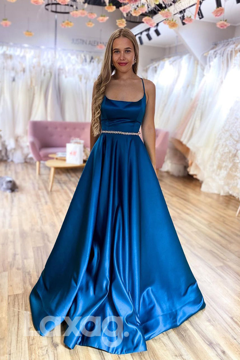 18786 - Women's Scoop Blue Satin Long Simple Prom Dresses with Pockets