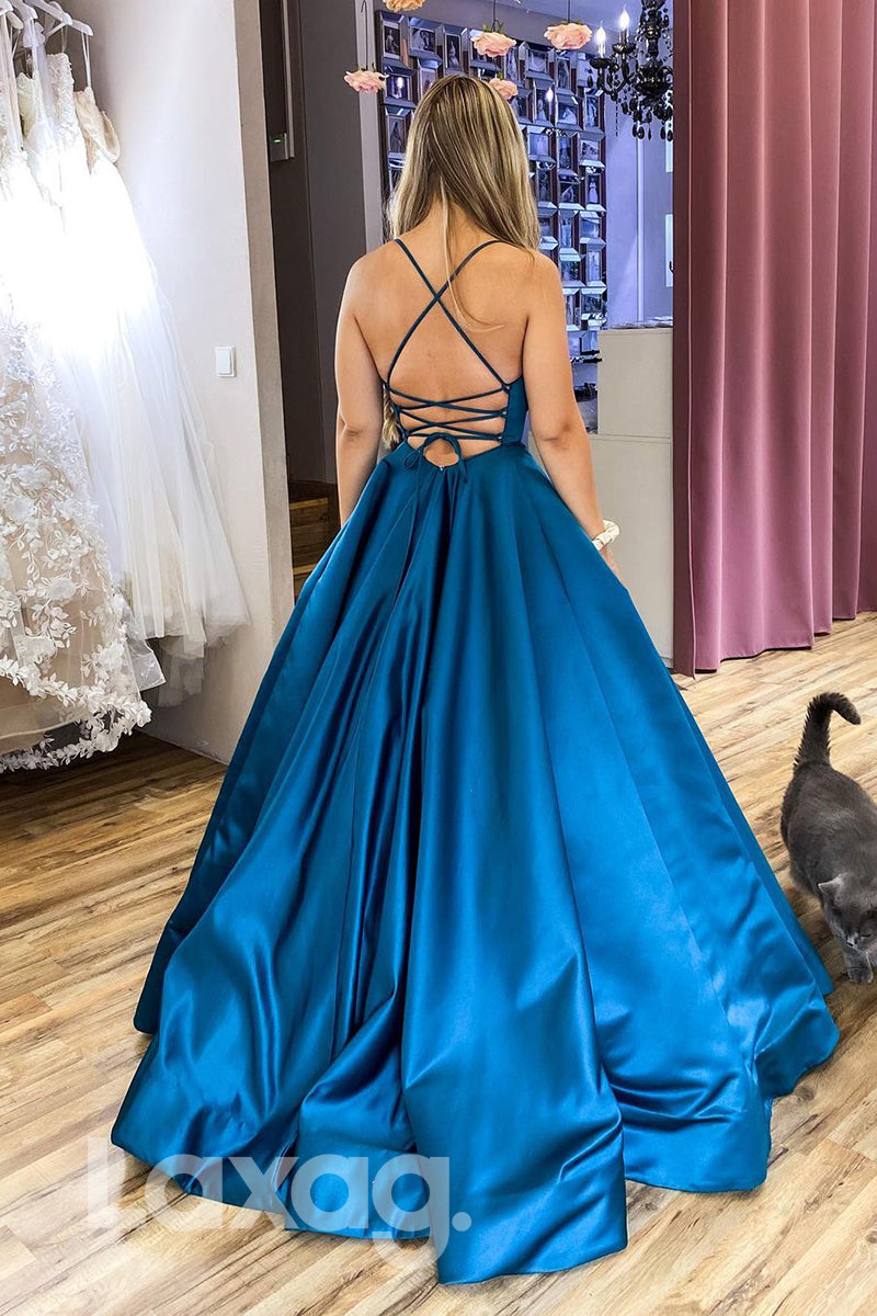 18786 - Women's Scoop Blue Satin Long Simple Prom Dresses with Pockets