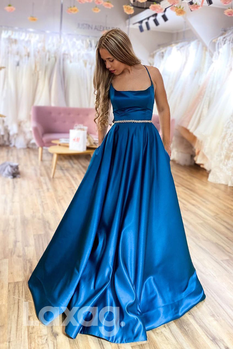 18786 - Women's Scoop Blue Satin Long Simple Prom Dresses with Pockets