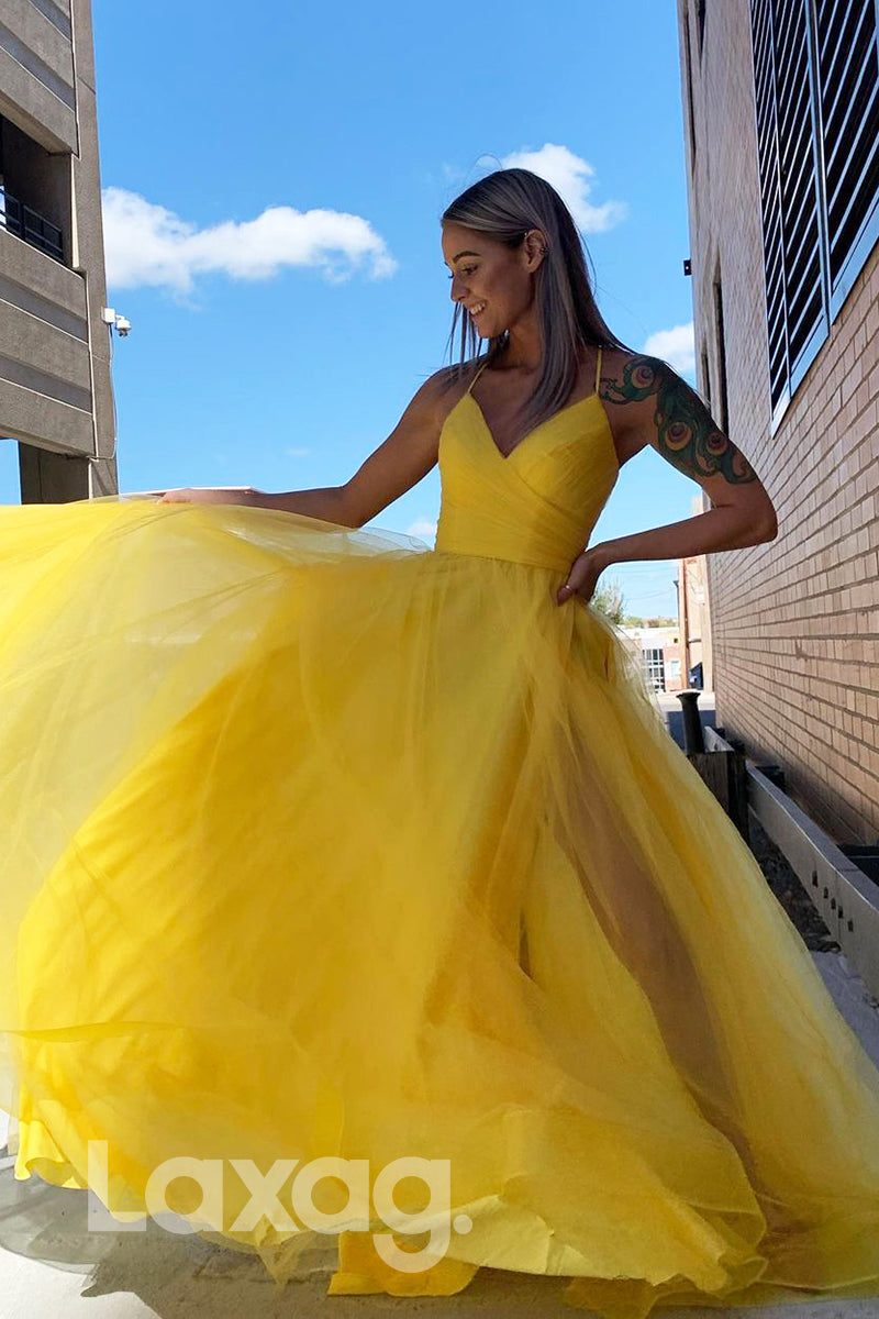 18788 - Women's V-Neck Yellow Tulle Long Prom Dresses
