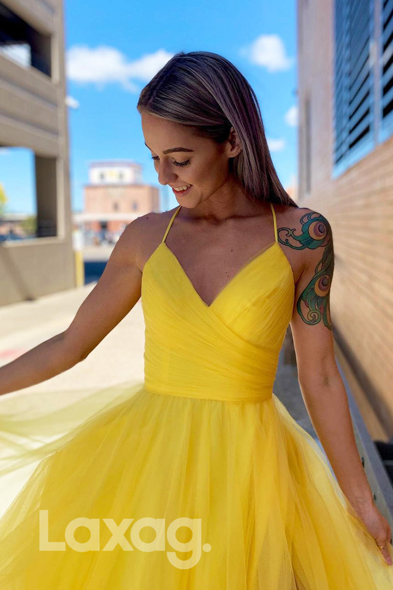 18788 - Women's V-Neck Yellow Tulle Long Prom Dresses
