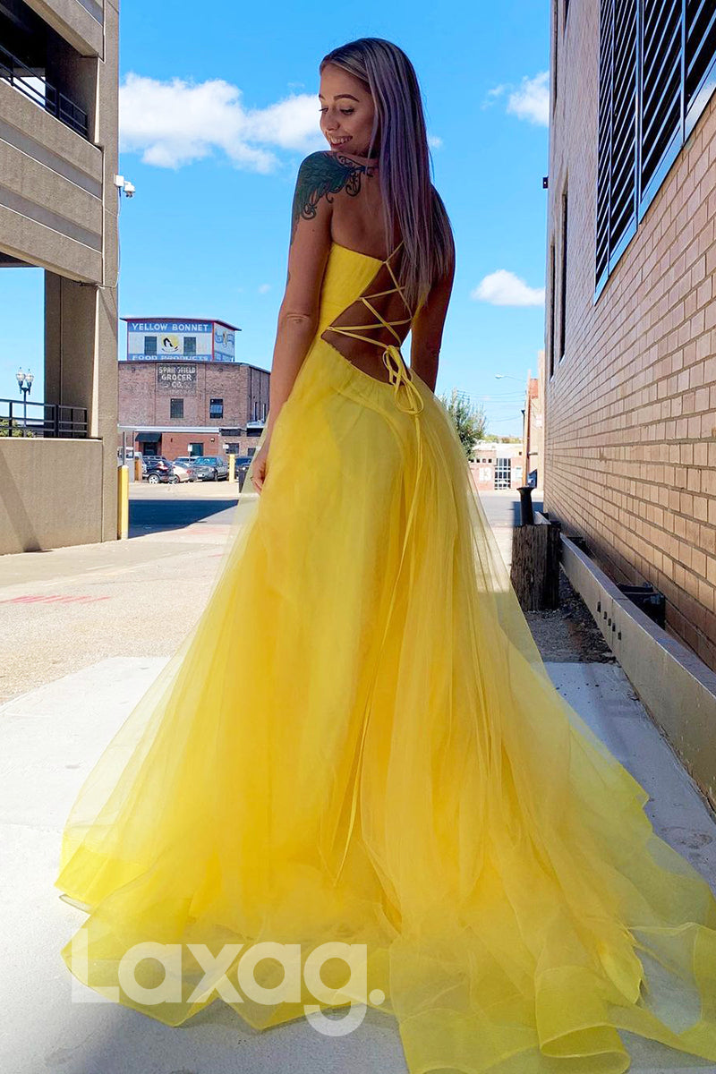 18788 - Women's V-Neck Yellow Tulle Long Prom Dresses