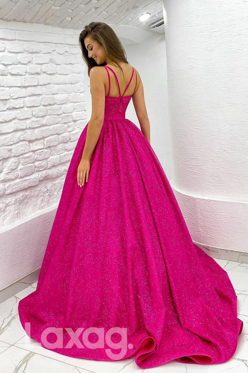 18791 - Women's Spaghetti Straps Fuchsia Sparkly Prom Dresses with Pockets