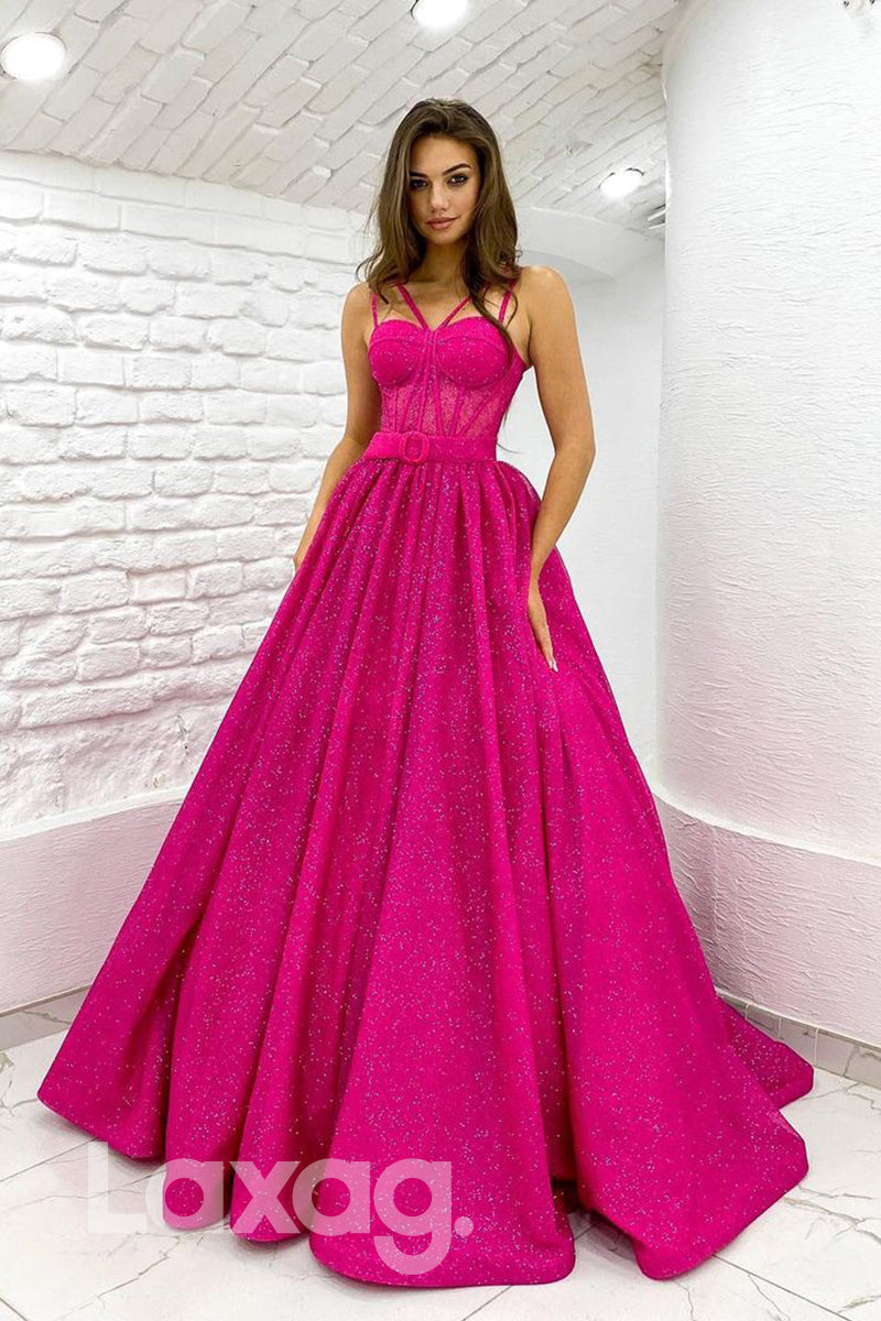 18791 - Women's Spaghetti Straps Fuchsia Sparkly Prom Dresses with Pockets