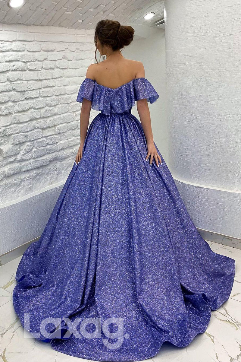 18792 - Off Shoulder Ball Gown Belt Long Prom Dresses Glitter