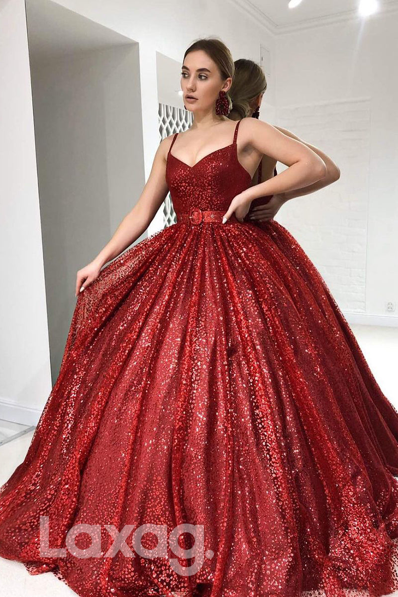 18793 - Ball Gown Spaghetti Straps Burgundy Long Prom Dresses Glitter