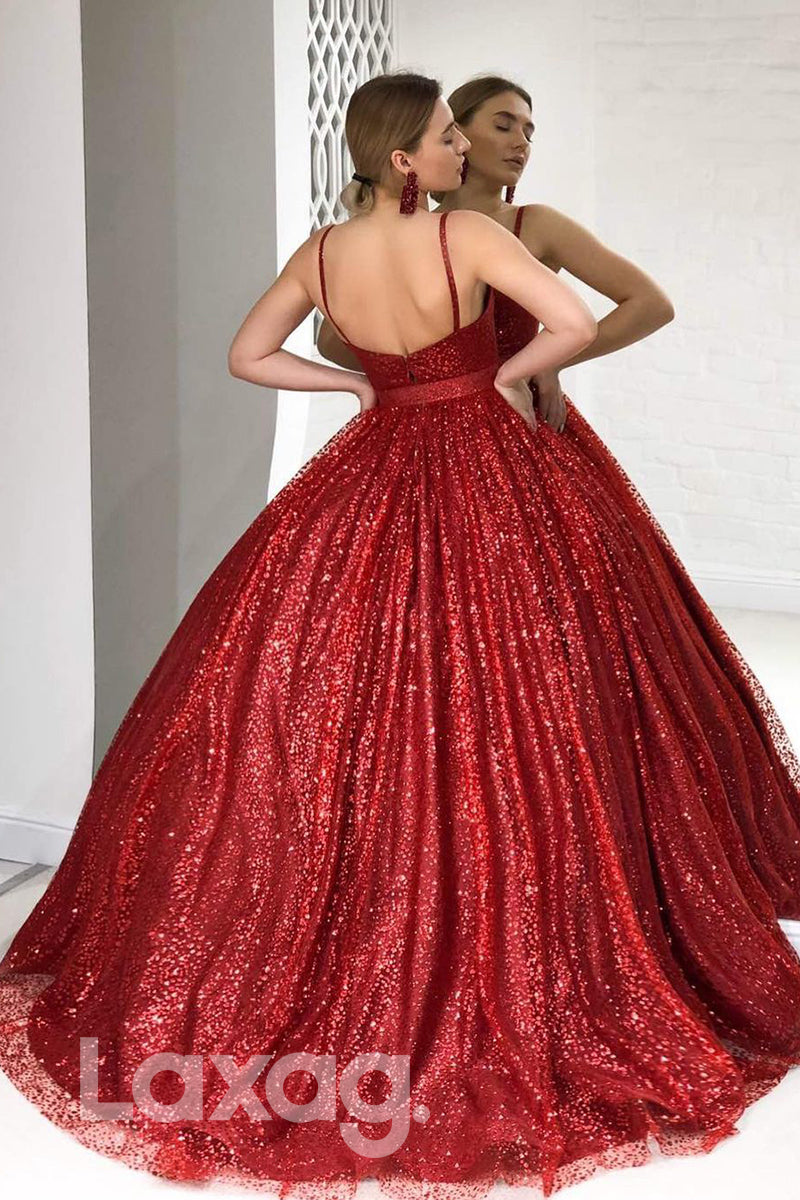 18793 - Ball Gown Spaghetti Straps Burgundy Long Prom Dresses Glitter