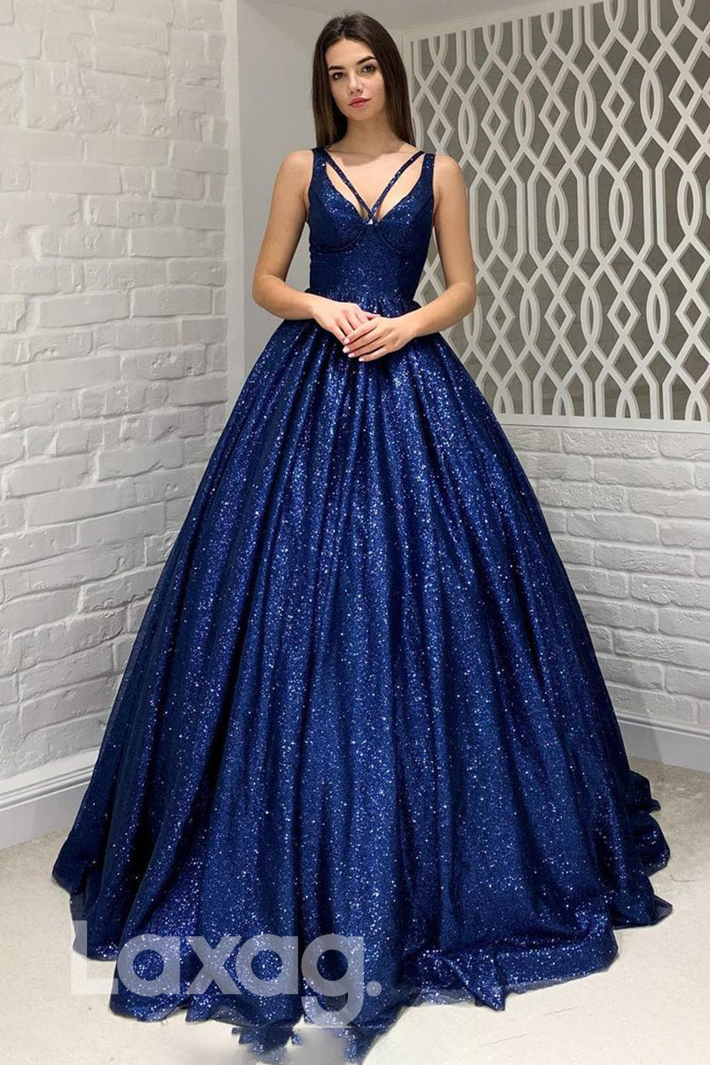 18794 - Sexy V-Neck Ball Gown Sparkly Prom Dresses with Pockets