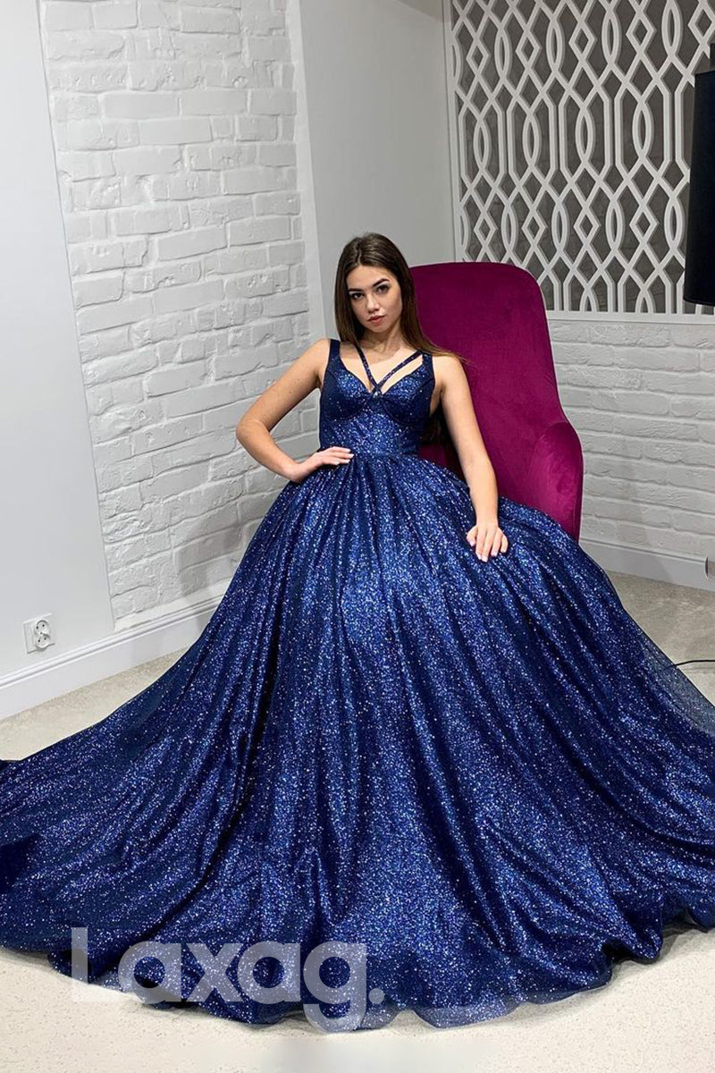 18794 - Sexy V-Neck Ball Gown Sparkly Prom Dresses with Pockets