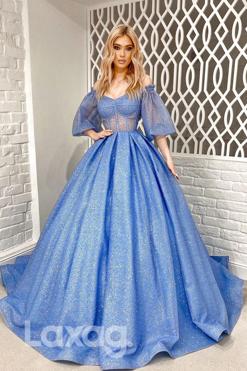 18795 - Off Shoulder Ball Gown Half Sleeves Sparkly Prom Dresses with Pockets