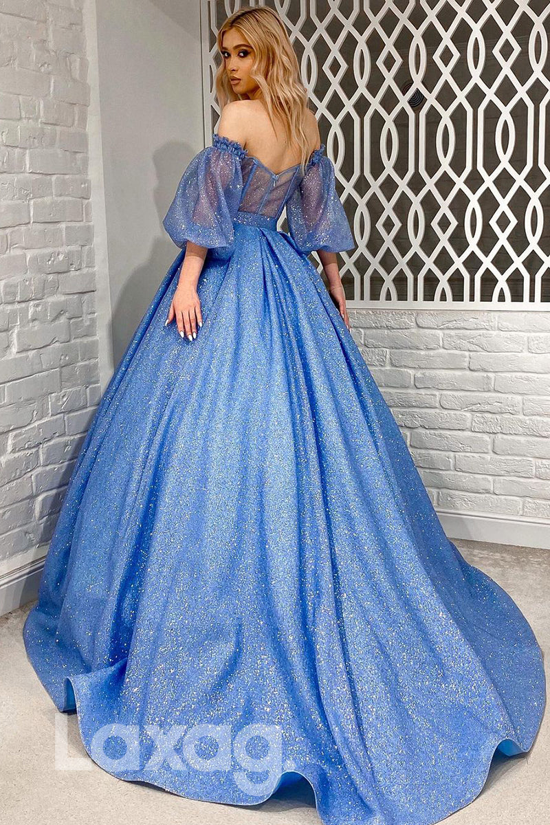 18795 - Off Shoulder Ball Gown Half Sleeves Sparkly Prom Dresses with Pockets