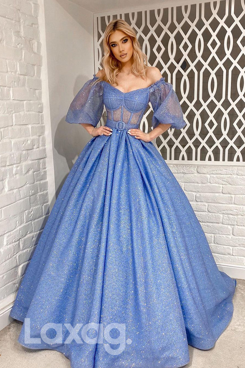 18795 - Off Shoulder Ball Gown Half Sleeves Sparkly Prom Dresses with Pockets