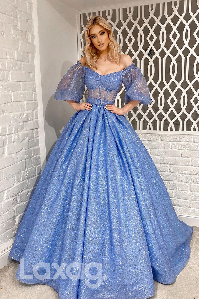 18795 - Off Shoulder Ball Gown Half Sleeves Sparkly Prom Dresses with Pockets