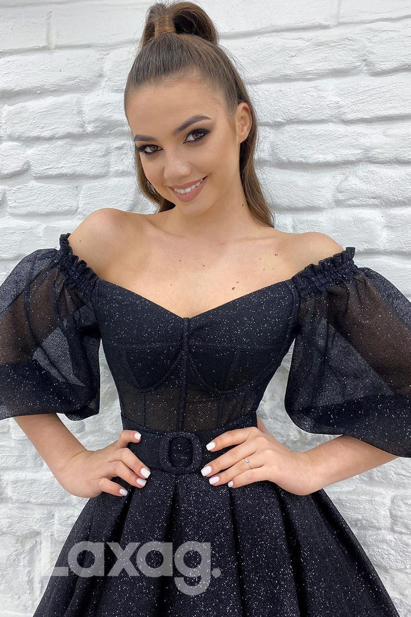 18796 - Off Shoulder Half Sleeves Black Sparkly Prom Dresses with Pockets