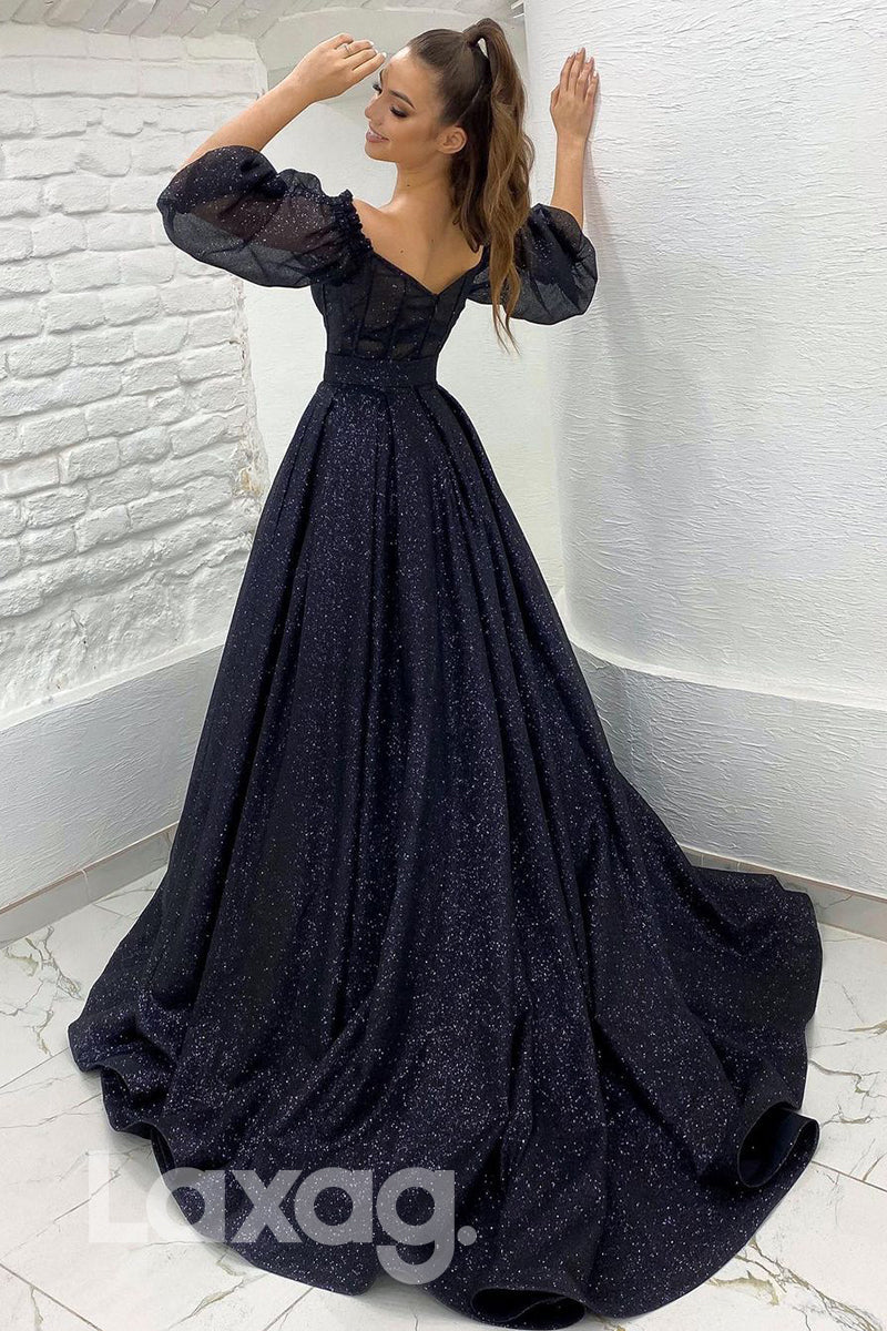18796 - Off Shoulder Half Sleeves Black Sparkly Prom Dresses with Pockets