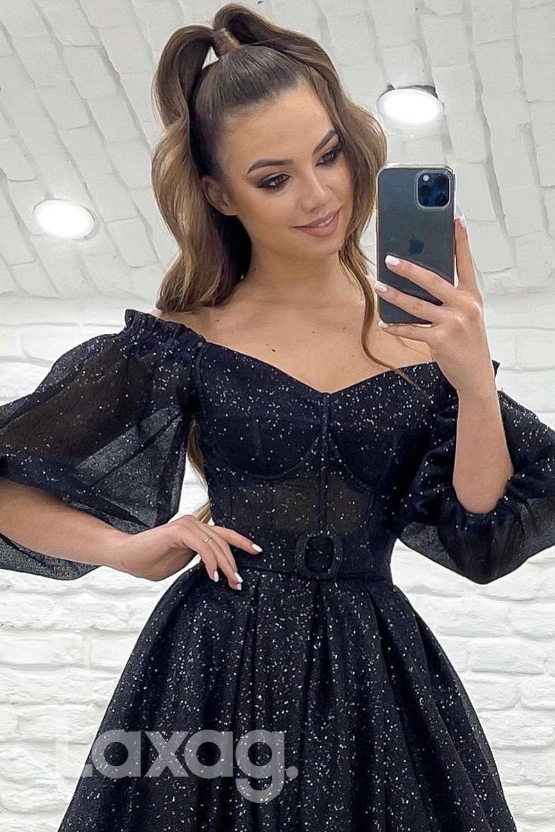 18796 - Off Shoulder Half Sleeves Black Sparkly Prom Dresses with Pockets