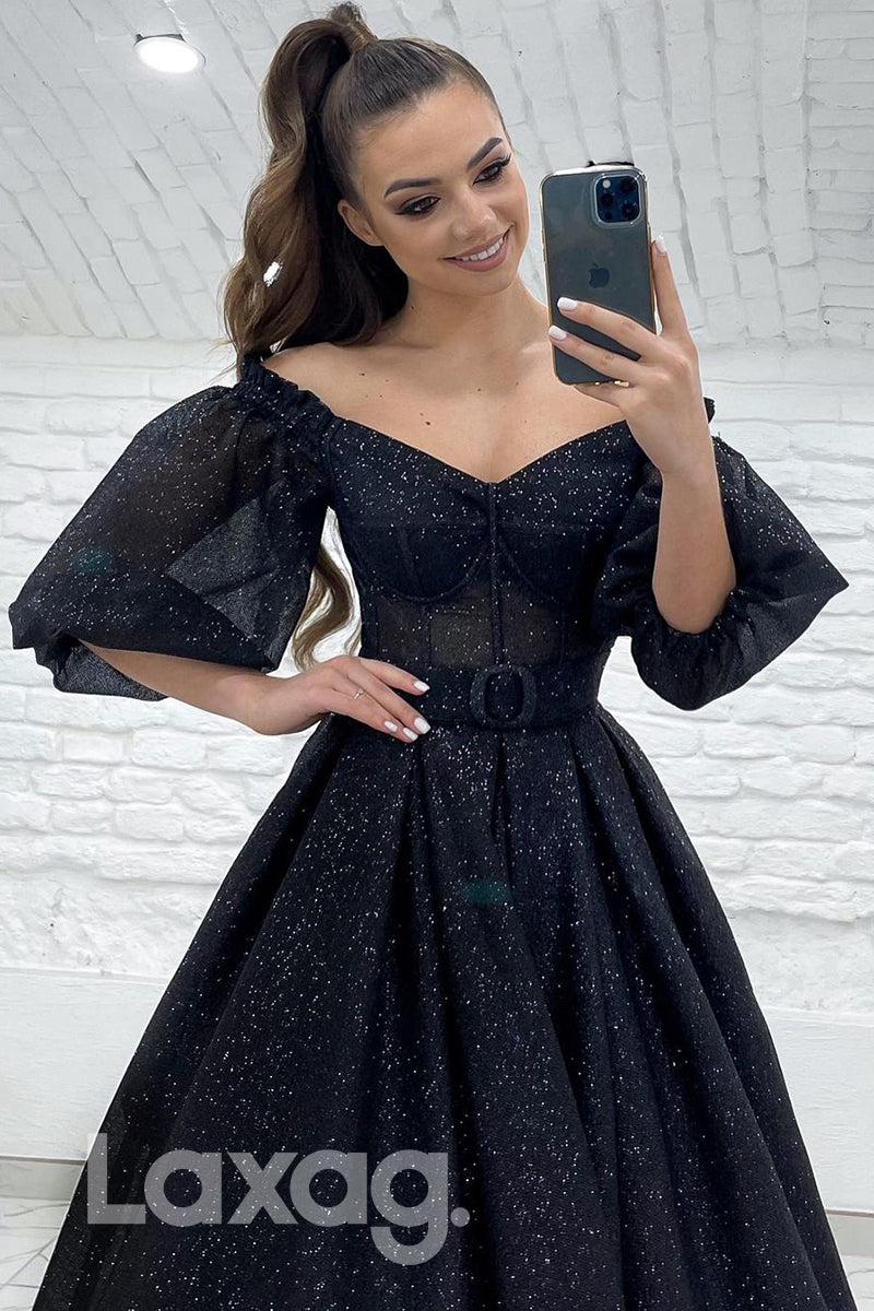 18796 - Off Shoulder Half Sleeves Black Sparkly Prom Dresses with Pockets