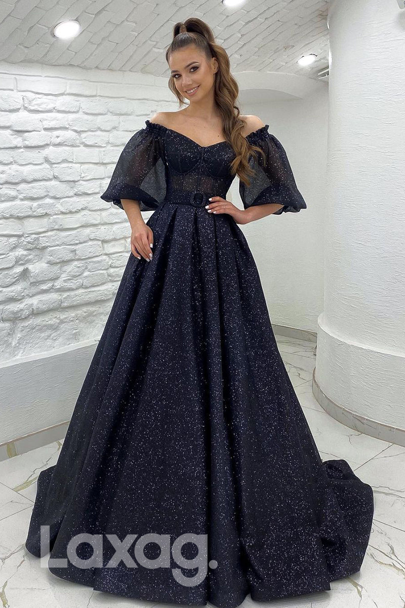 18796 - Off Shoulder Half Sleeves Black Sparkly Prom Dresses with Pockets