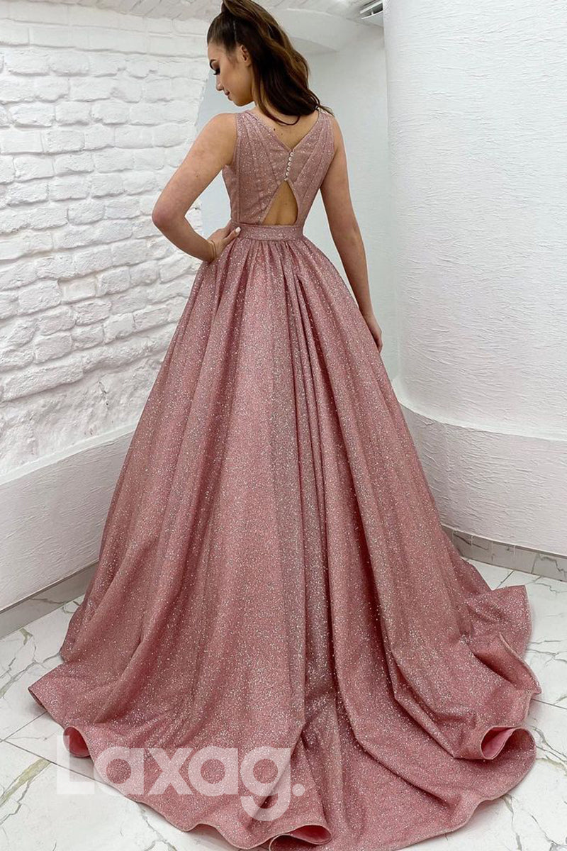 18797 - Plunging Deep V-neck Pink Sparkly Prom Dresses with Pockets