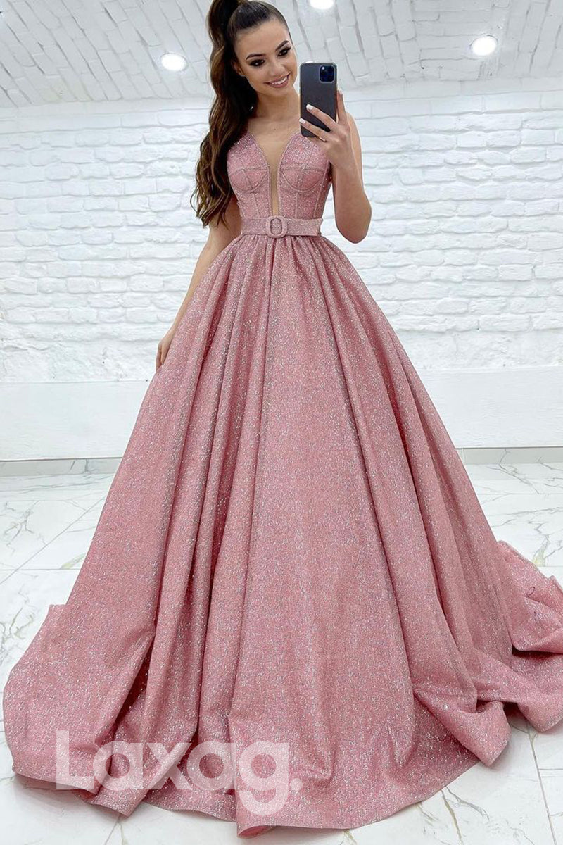18797 - Plunging Deep V-neck Pink Sparkly Prom Dresses with Pockets