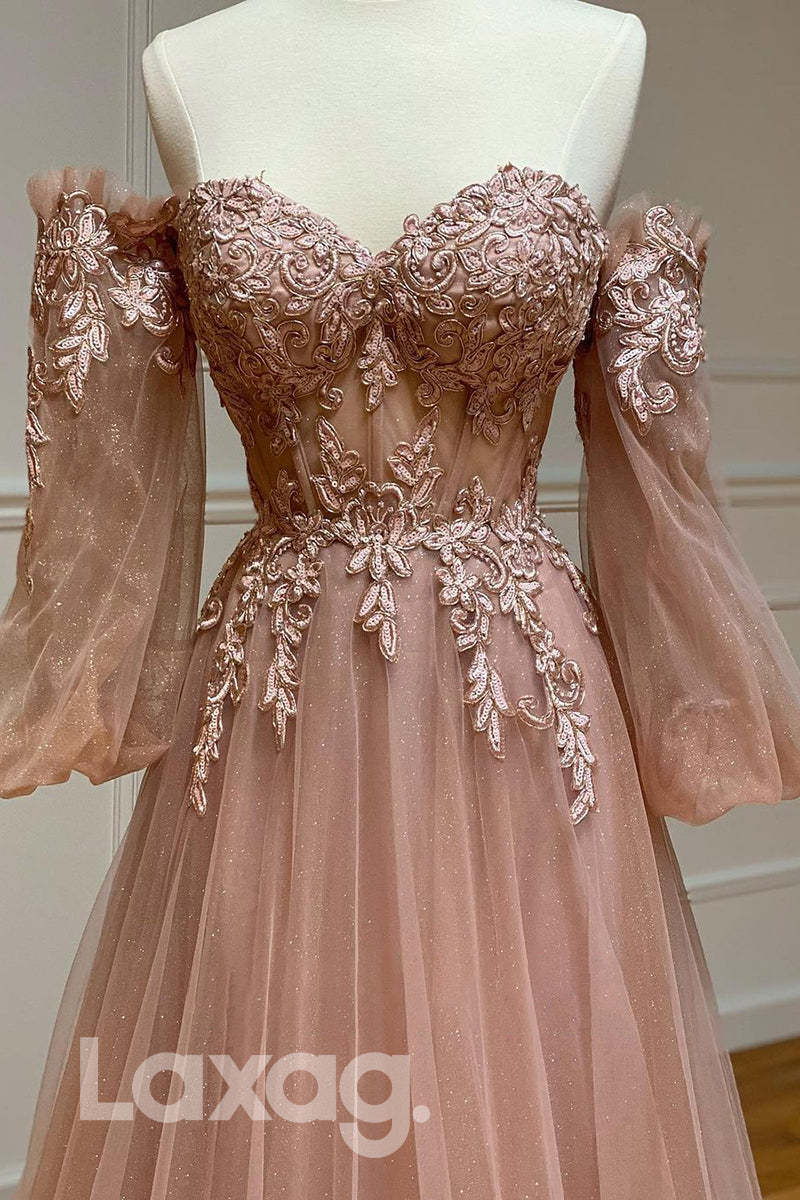 19705 - A-line Sweetheart Lace Appliques Long Sleeves Prom Dresses