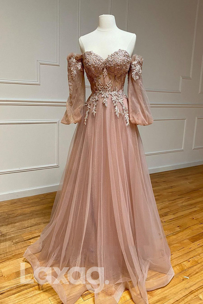 19705 - A-line Sweetheart Lace Appliques Long Sleeves Prom Dresses