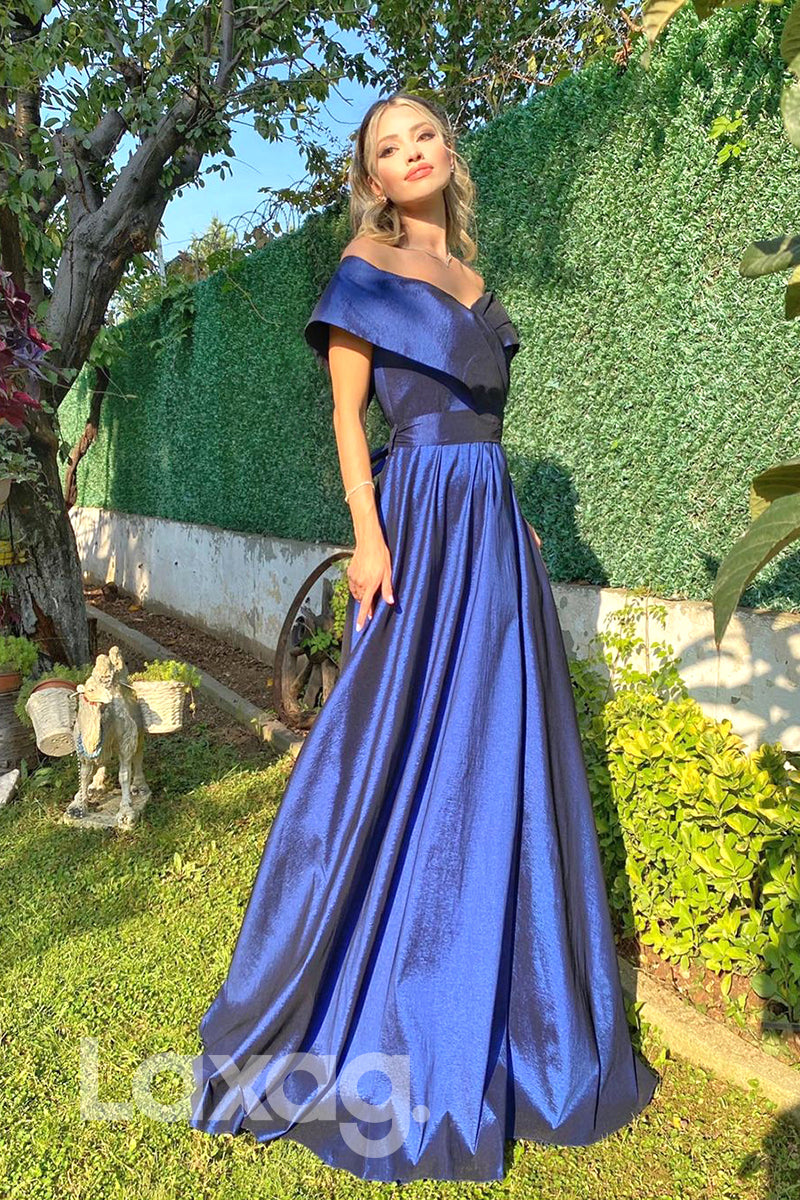 19709 - Off Shoulder Satin Pleats A-line Long Prom Dresses