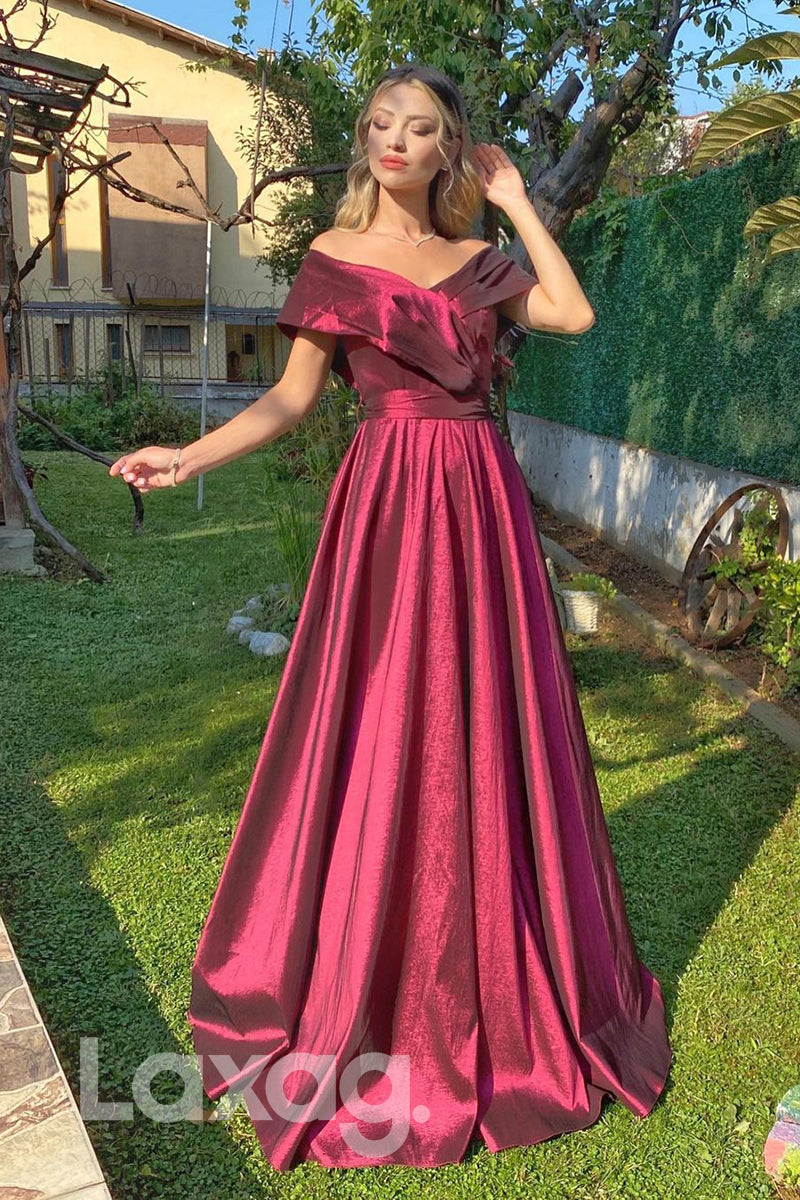 19709 - Off Shoulder Satin Pleats A-line Long Prom Dresses
