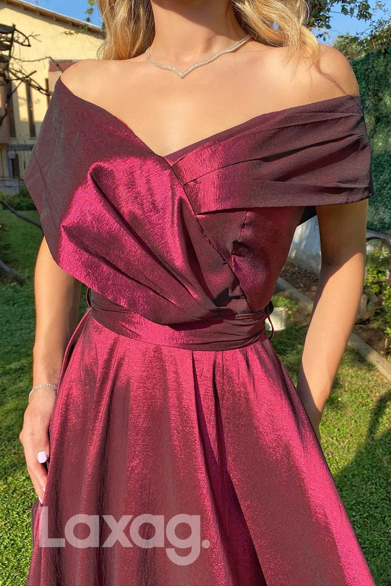 19709 - Off Shoulder Satin Pleats A-line Long Prom Dresses